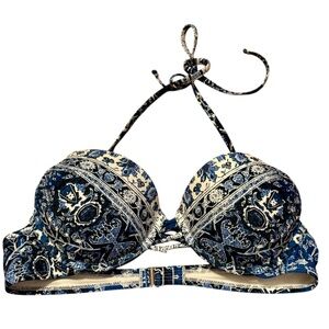 Xhilaration Swim Top Printed Navy White Padded Large